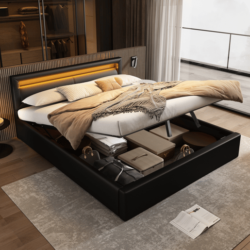 Cama estofada LED 140x190 - com estrado, arrumação e cabeceira iluminada multicolorida - preta