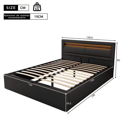 Cama estofada LED 140x190 - com estrado, arrumação e cabeceira iluminada multicolorida - preta