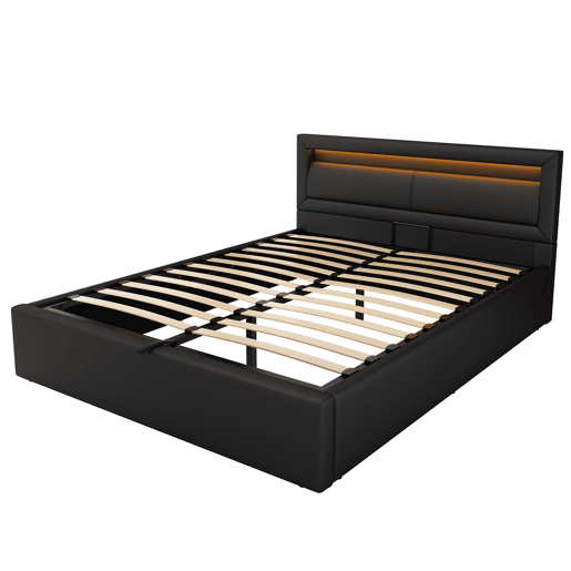 Cama estofada LED 140x190 - com estrado, arrumação e cabeceira iluminada multicolorida - preta