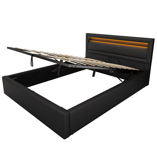 Cama estofada LED 140x190 - com estrado, arrumação e cabeceira iluminada multicolorida - preta