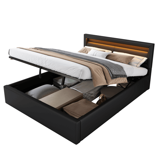 Cama estofada LED 140x190 - com estrado, arrumação e cabeceira iluminada multicolorida - preta