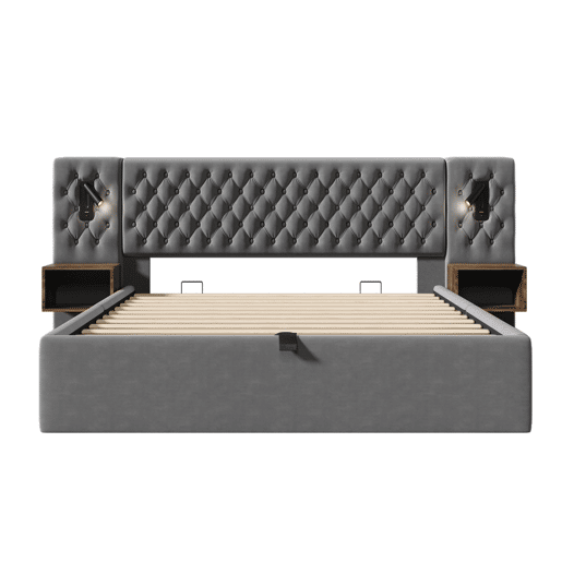 Cama Polsterbett 160x200 - Cama com arrumação hidráulica, 2 mesas de cabeceira, luz de leitura, USB - Cinza