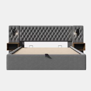 Cama Polsterbett 160x200 - Cama com arrumação hidráulica, 2 mesas de cabeceira, luz de leitura, USB - Cinza