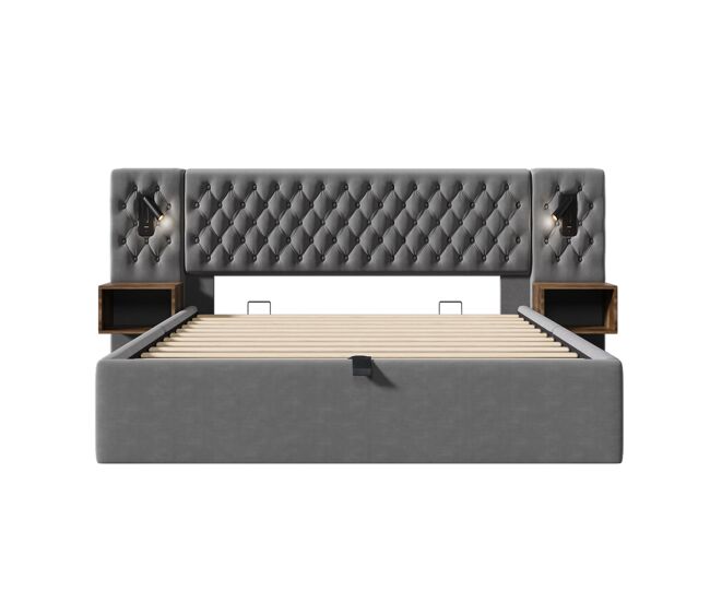 Cama polsterbett 160x200 - cama con almacenamiento hidráulico, 2 mesitas, luz de lectura, usb - gris
