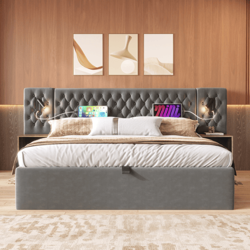 Cama Polsterbett 160x200 - Cama com arrumação hidráulica, 2 mesas de cabeceira, luz de leitura, USB - Cinza