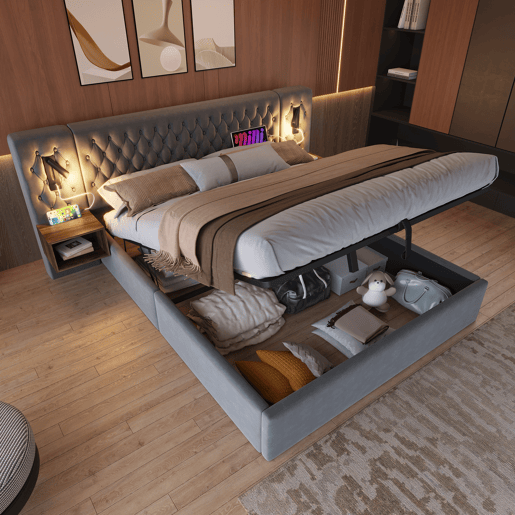 Cama Polsterbett 160x200 - Cama com arrumação hidráulica, 2 mesas de cabeceira, luz de leitura, USB - Cinza