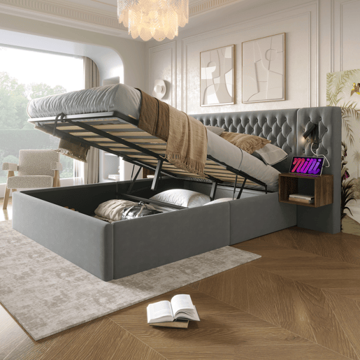 Cama Polsterbett 160x200 - Cama com arrumação hidráulica, 2 mesas de cabeceira, luz de leitura, USB - Cinza