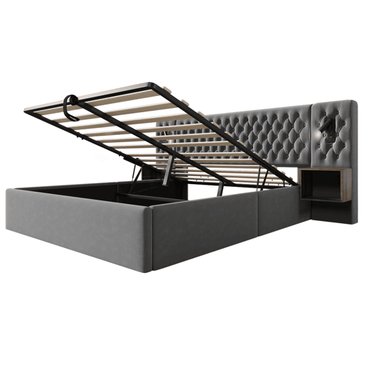 Cama Polsterbett 160x200 - Cama com arrumação hidráulica, 2 mesas de cabeceira, luz de leitura, USB - Cinza