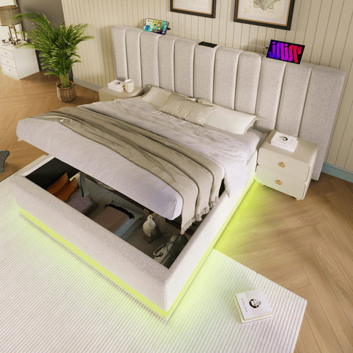 Cama Polsterbett 180x200 - Cama de casal com arrumação, LED e carregamento USB-C, bege