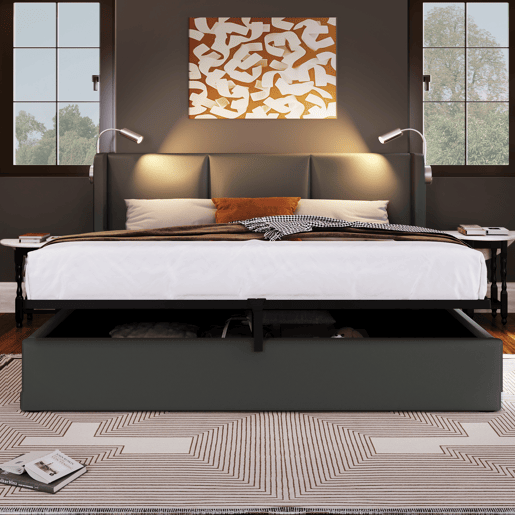 Cama Polsterbett 140x200 - com arrumação, luz de leitura e função de carregamento USB - Cinza