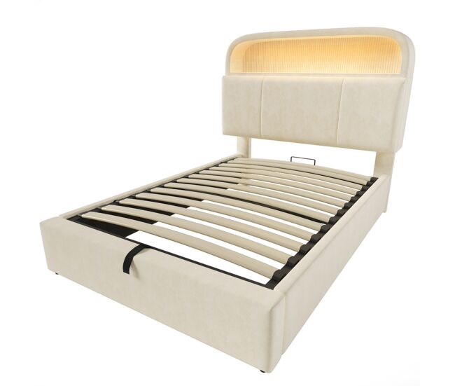 Cama tapizada 90x200 cm - cabezal ajustable con almacenamiento, led, usb/type-c, beige