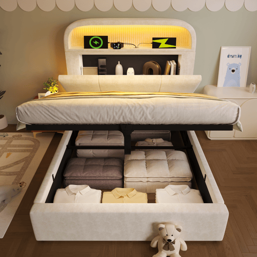 Cama estofada 90x200 cm - Cabeceira ajustável com arrumação, LED, USBType-C, Bege