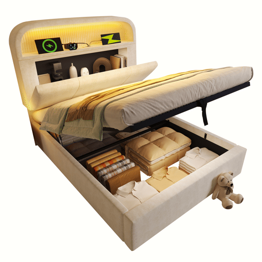 Cama estofada 90x200 cm - Cabeceira ajustável com arrumação, LED, USBType-C, Bege