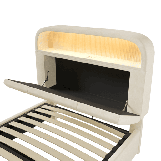 Cama estofada 90x200 cm - Cabeceira ajustável com arrumação, LED, USBType-C, Bege