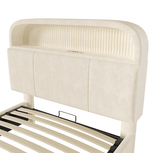 Cama estofada 90x200 cm - Cabeceira ajustável com arrumação, LED, USBType-C, Bege