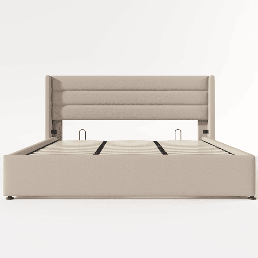 Cama estofada com arrumação 180x200 cm - Cama hidráulica, estrado de madeira e metal - Bege