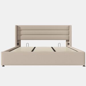 Cama estofada com arrumação 180x200 cm - Cama hidráulica, estrado de madeira e metal - Bege