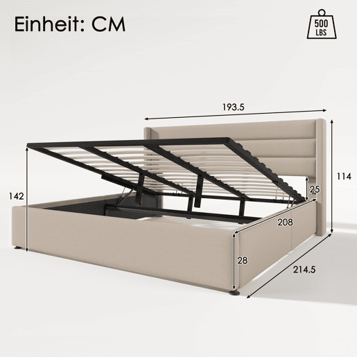 Cama estofada com arrumação 180x200 cm - Cama hidráulica, estrado de madeira e metal - Bege