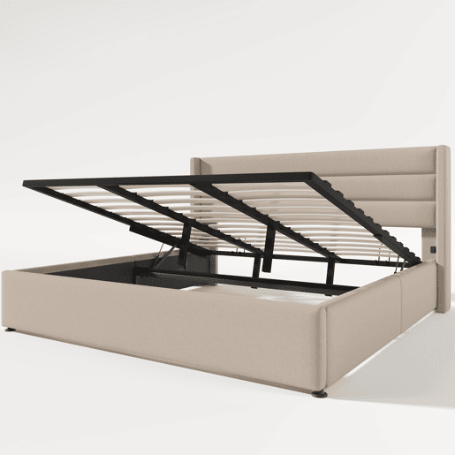 Cama estofada com arrumação 180x200 cm - Cama hidráulica, estrado de madeira e metal - Bege