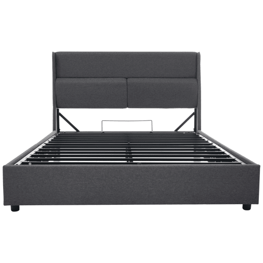 Cama estofada 140x200 cm - Cabeceira ajustável, estrutura hidráulica com arrumação - Cinza