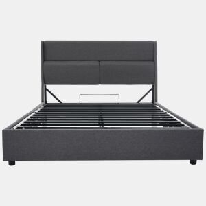 Cama estofada 140x200 cm - Cabeceira ajustável, estrutura hidráulica com arrumação - Cinza