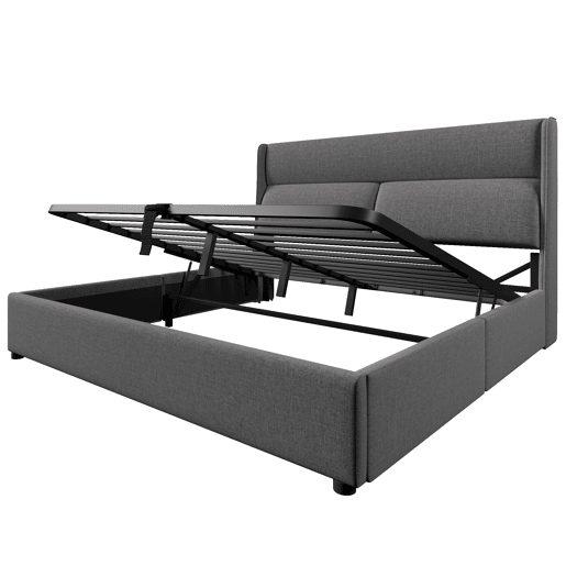 Cama estofada 140x200 cm - Cabeceira ajustável, estrutura hidráulica com arrumação - Cinza