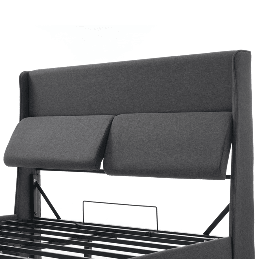 Cama estofada 140x200 cm - Cabeceira ajustável, estrutura hidráulica com arrumação - Cinza
