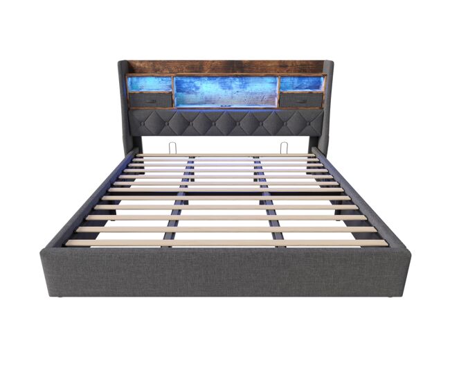 Cama hidráulica 180x200 cm - con almacenamiento, cabecero led, 4 puertos usb/type-c, gris