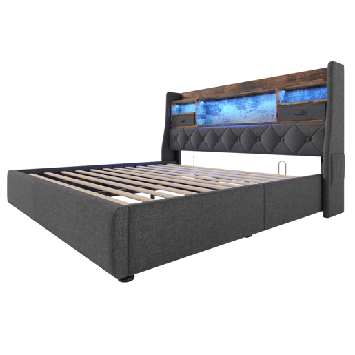 Cama hidráulica 180x200 cm - Com arrumação, cabeceira LED, 4 portas USBType-C, cinzenta