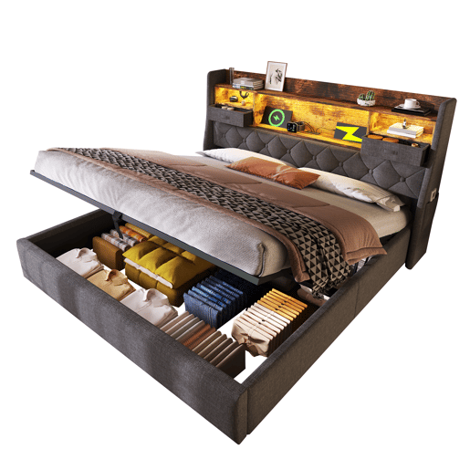 Cama hidráulica 180x200 cm - Com arrumação, cabeceira LED, 4 portas USBType-C, cinzenta
