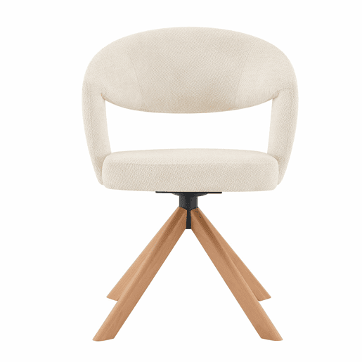 Conjunto de 2 cadeiras giratórias retro de luxo - Estrutura em tecido creme, pés em madeira, encosto curvo, rotação silenciosa de 360° - Branco, Madeira