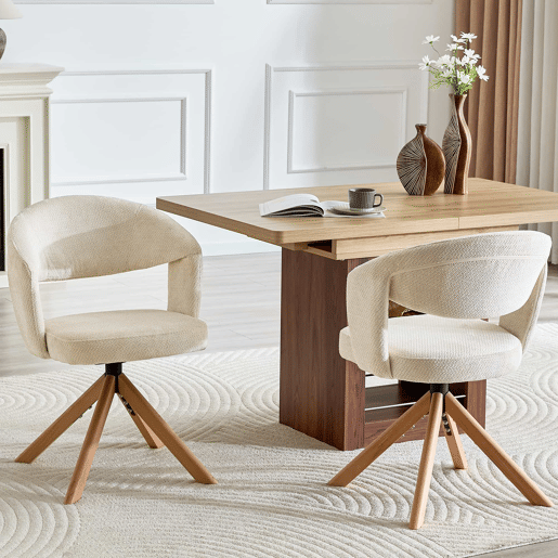 Conjunto de 2 cadeiras giratórias retro de luxo - Estrutura em tecido creme, pés em madeira, encosto curvo, rotação silenciosa de 360° - Branco, Madeira