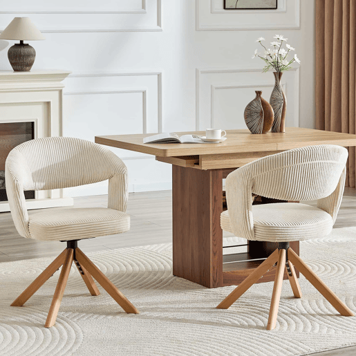Conjunto de 2 cadeiras Retro-Luxo - Cadeiras com cordão e estrutura em madeira maciça, rotação silenciosa de 360° e encosto curvo - Branco, Madeira