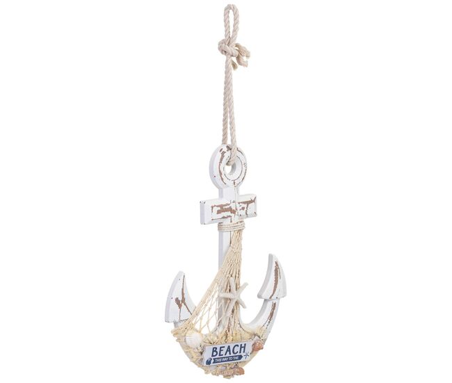 Figura de decoración ancla colgante de madera blanca 22x2x33 cm