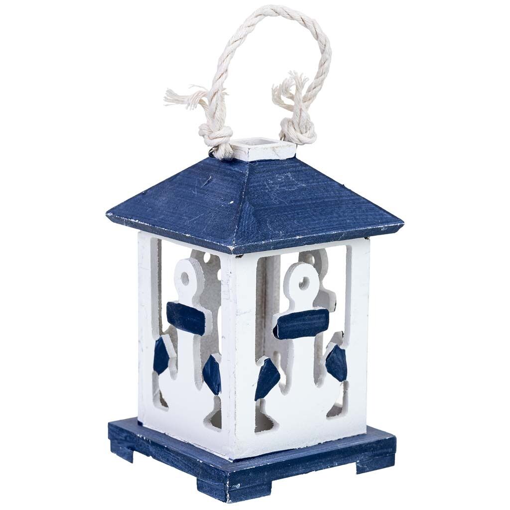 Portavelas de madera colgante con ancla azul 10x10x23h cm