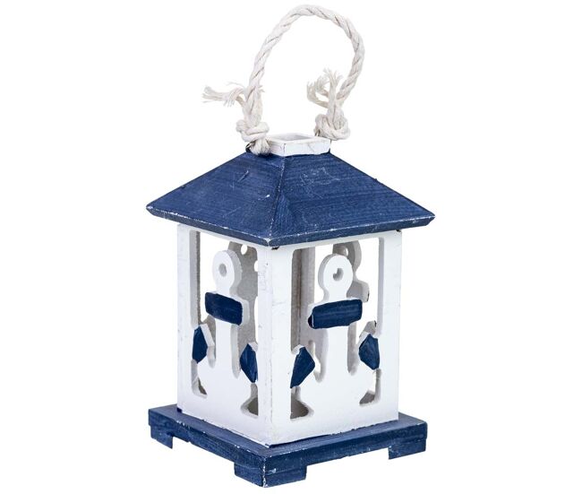 Portavelas de madera colgante con ancla azul 10x10x23h cm