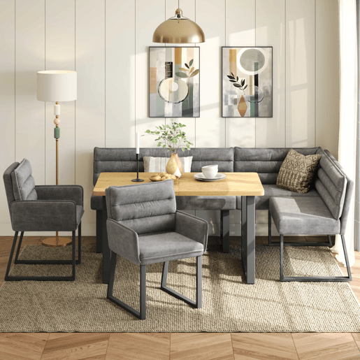 Conjunto de sala de jantar com banco de canto e mesa - com banco de canto, 2 cadeiras e mesa de jantar, adequado para cozinha e sala de jantar, estofado em chenille - cinzento e carvalho