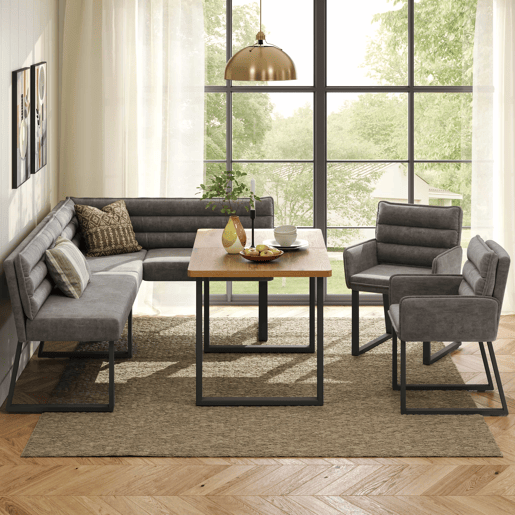 Conjunto de sala de jantar com banco de canto e mesa - com banco de canto, 2 cadeiras e mesa de jantar, adequado para cozinha e sala de jantar, estofado em chenille - cinzento e carvalho