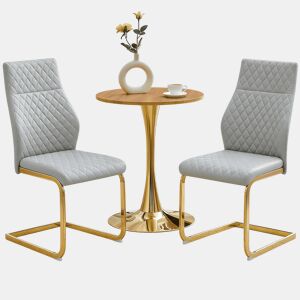 Conjunto de mesa e cadeiras de 60 cm - mesa redonda em MDF com efeito de madeira e base dourada, 2 cadeiras de jantar cinza claro com padrão em losangos e pernas metálicas douradas - dourado, cinza claro, madeira