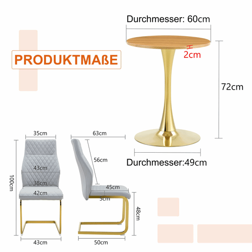 Conjunto de mesa e cadeiras de 60 cm - mesa redonda em MDF com efeito de madeira e base dourada, 2 cadeiras de jantar cinza claro com padrão em losangos e pernas metálicas douradas - dourado, cinza claro, madeira