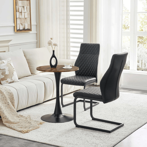 Conjunto de mesa e cadeiras de 60 cm - Mesa em MDF com pés pretos + 2 cadeiras de jantar com encosto em losango e estrutura metálica - Preto, Nogueira