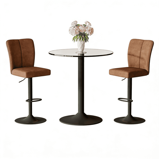 Conjunto de balcão de 89 cm - 2 bancos giratórios + mesa de vidro, estrutura metálica preta, apoio para os pés confortável - Castanho e preto, transparente