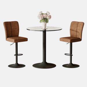 Conjunto de balcão de 89 cm - 2 bancos giratórios + mesa de vidro, estrutura metálica preta, apoio para os pés confortável - Castanho e preto, transparente