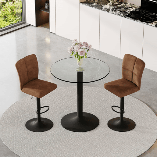 Conjunto de balcão de 89 cm - 2 bancos giratórios + mesa de vidro, estrutura metálica preta, apoio para os pés confortável - Castanho e preto, transparente