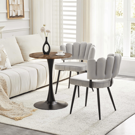Conjunto de mesa e cadeiras de 60 cm - Mesa redonda em MDF com pernas pretas + 2 cadeiras cinza claro com encosto em forma de pétala e pernas de metal pretas - Cinza claro, nogueira + preto