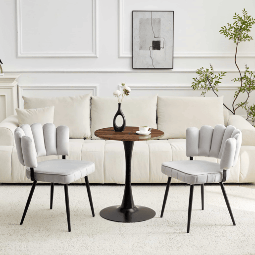 Conjunto de mesa e cadeiras de 60 cm - Mesa redonda em MDF com pernas pretas + 2 cadeiras cinza claro com encosto em forma de pétala e pernas de metal pretas - Cinza claro, nogueira + preto