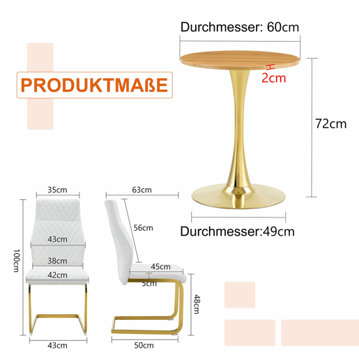 Conjunto de mesa e 2 cadeiras de jantar de 60 cm - mesa redonda em MDF com efeito de madeira, base dourada, cadeiras brancas com padrão em losangos e estrutura metálica - brancodouradomadeira