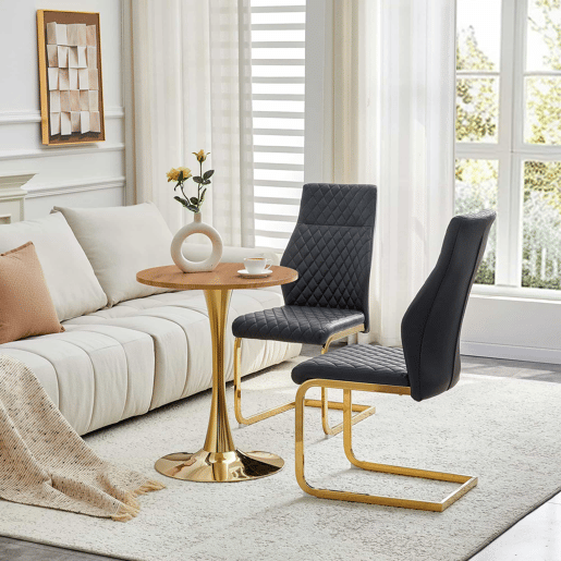 Conjunto de mesa e cadeiras de 60 cm - Mesa redonda em MDF com efeito de madeira e base dourada, 2 cadeiras de jantar pretas com design acolchoado em losangos e estrutura metálica dourada - Preto, Dourado, Madeira
