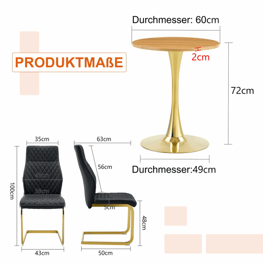 Conjunto de mesa e cadeiras de 60 cm - Mesa redonda em MDF com efeito de madeira e base dourada, 2 cadeiras de jantar pretas com design acolchoado em losangos e estrutura metálica dourada - Preto, Dourado, Madeira