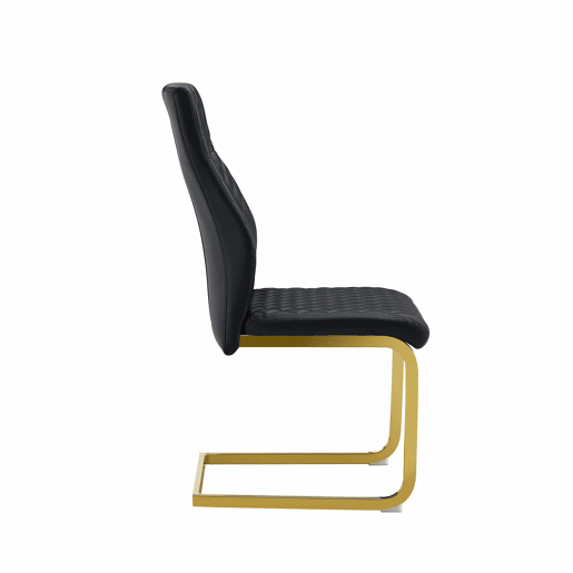 Conjunto de mesa e cadeiras de 60 cm - Mesa redonda em MDF com efeito de madeira e base dourada, 2 cadeiras de jantar pretas com design acolchoado em losangos e estrutura metálica dourada - Preto, Dourado, Madeira